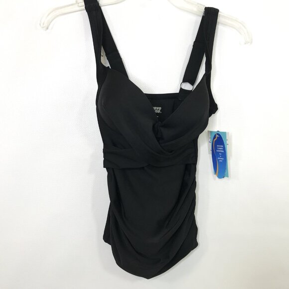 Tummy Control Ruched Side Push-Up Tankini Top Black S - Picture 6 of 11